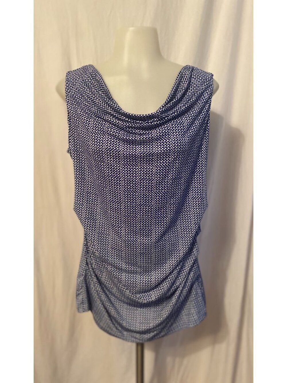 Coldwater Creek Blue And White Geometric Cowl Neck Sleeveless Top